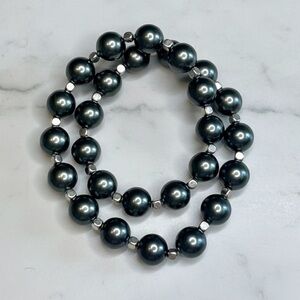 Olive Mother of Pearl & Gold Hematite Stretchy Double Wrap Bracelet